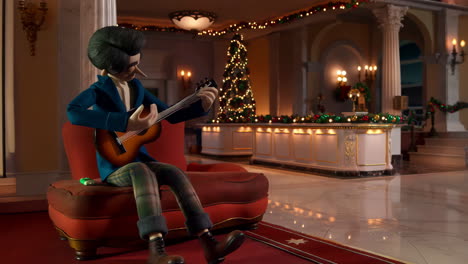 animated character playing guitar in festive hotel lobby