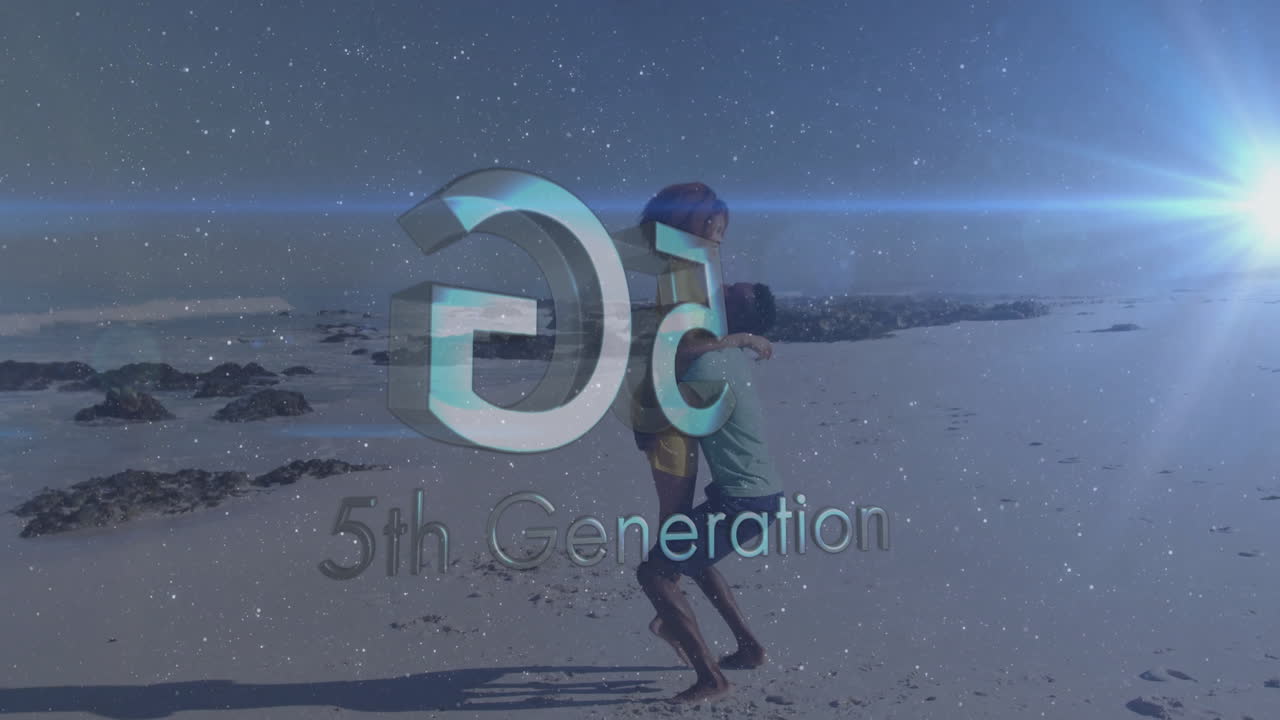 Children on beach playing with digital animation and 5th Generation text overlay