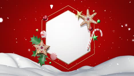 Animation-of-snow-falling-over-christmas-decorations-around-white-hexagonal-sign-on-red-sky-and-snow