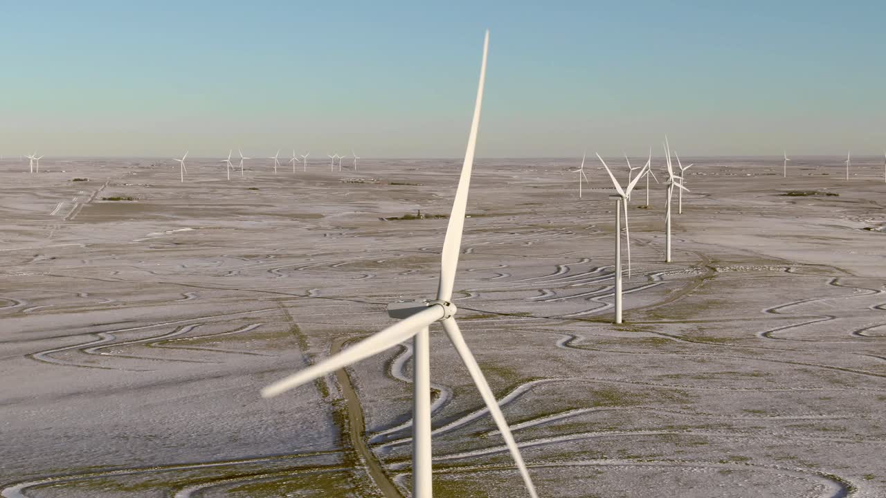 Aerial shots of wind turbines on a cold winter afternoon in Calhan, Colorado