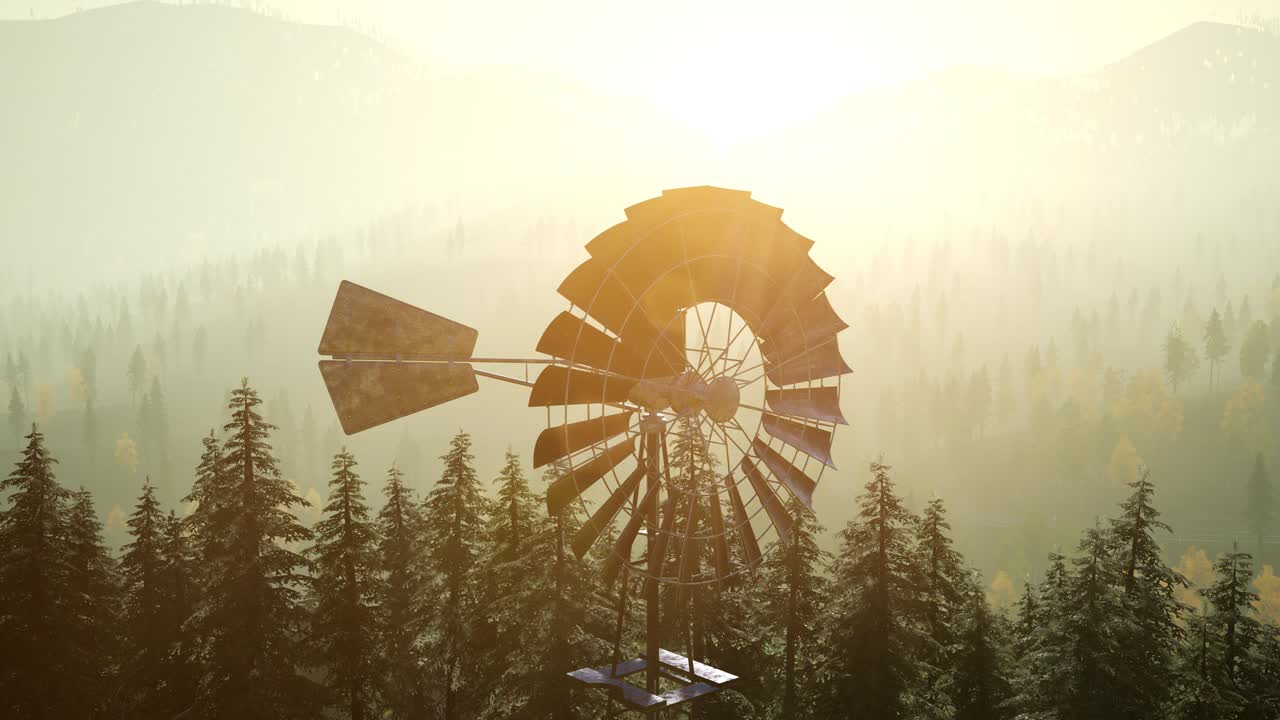 типичная старая ветряная турбина в лесу на закате