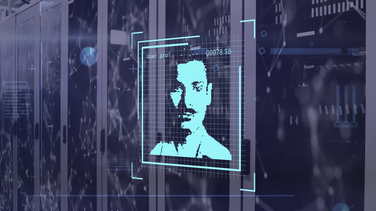 animación de múltiples iconos de perfil cambiantes y red de conexiones contra la sala de servidores de computadoras