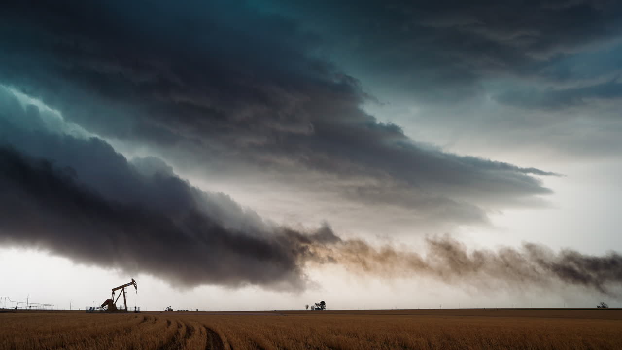 Dramatic Storm Clouds and Dust over an Oil Pumpjack in a Field