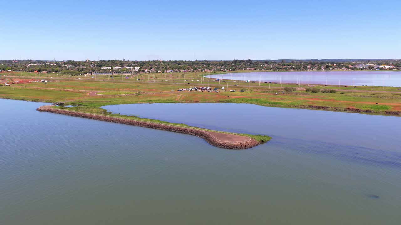 Upward drone fly at Miguel Lanus city district with Acceso Sur transportation area, Posadas, Misiones, Argentina