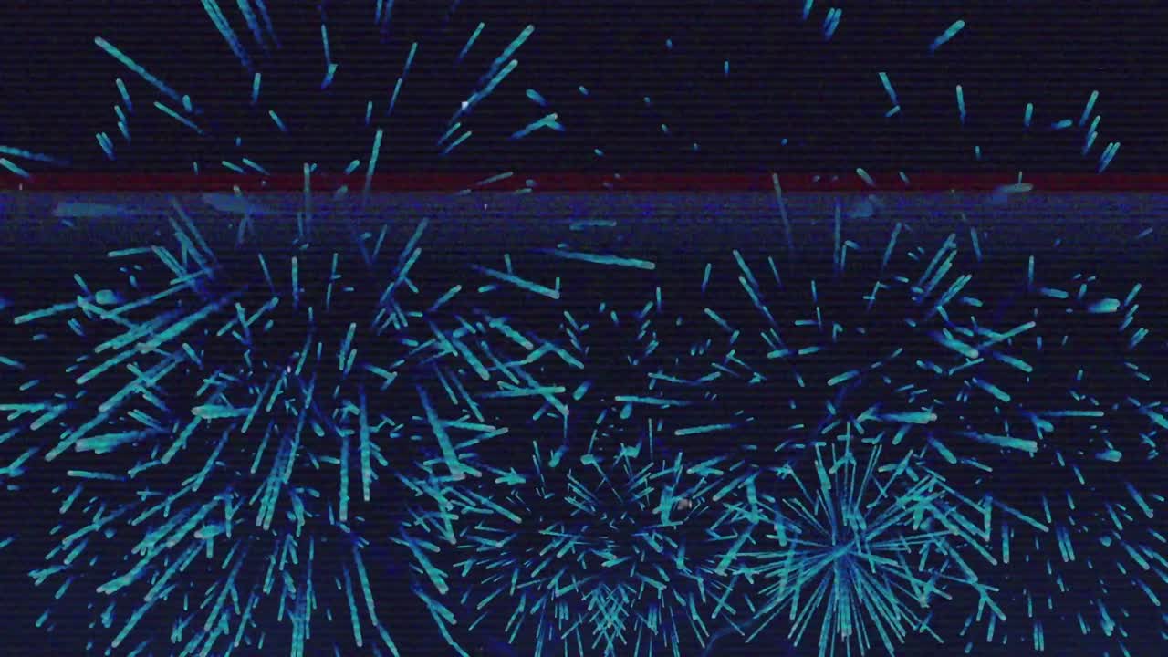 Animazione di effetto glitch su fuochi d'artificio colorati che esplodono su sfondo nero