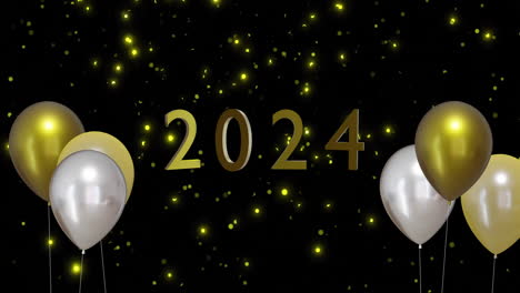 Animation-of-2024-text,-gold-and-silver-balloons-on-black-background