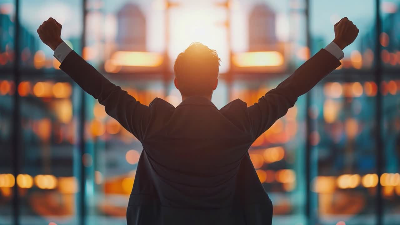 Successful businessman celebrating achievement with arms raised