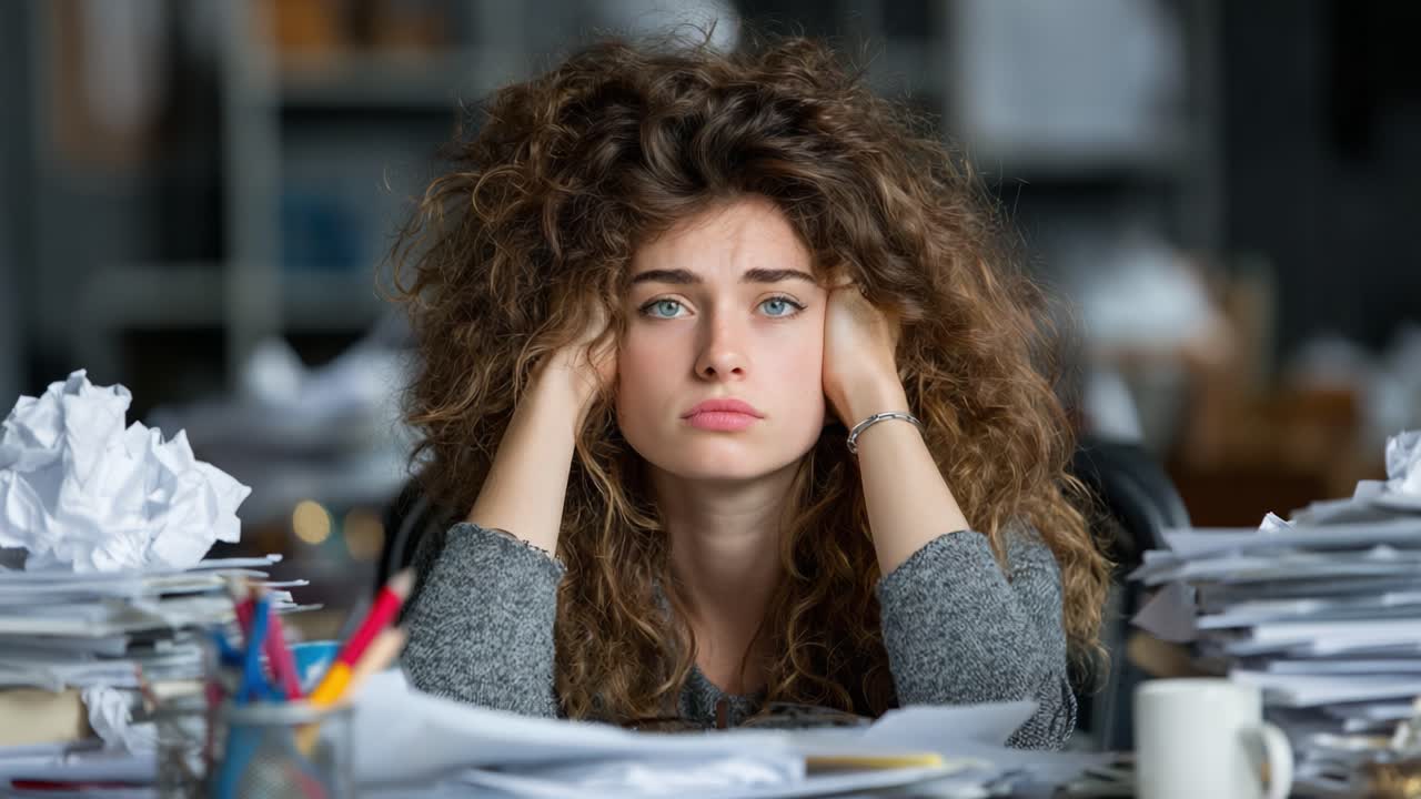 A Frustrated Young Woman with Curly Hair Sitting Amidst a Chaotic Workspace Full of Papers and Office Supplies, Expressing Exhaustion and Worry Over Workload