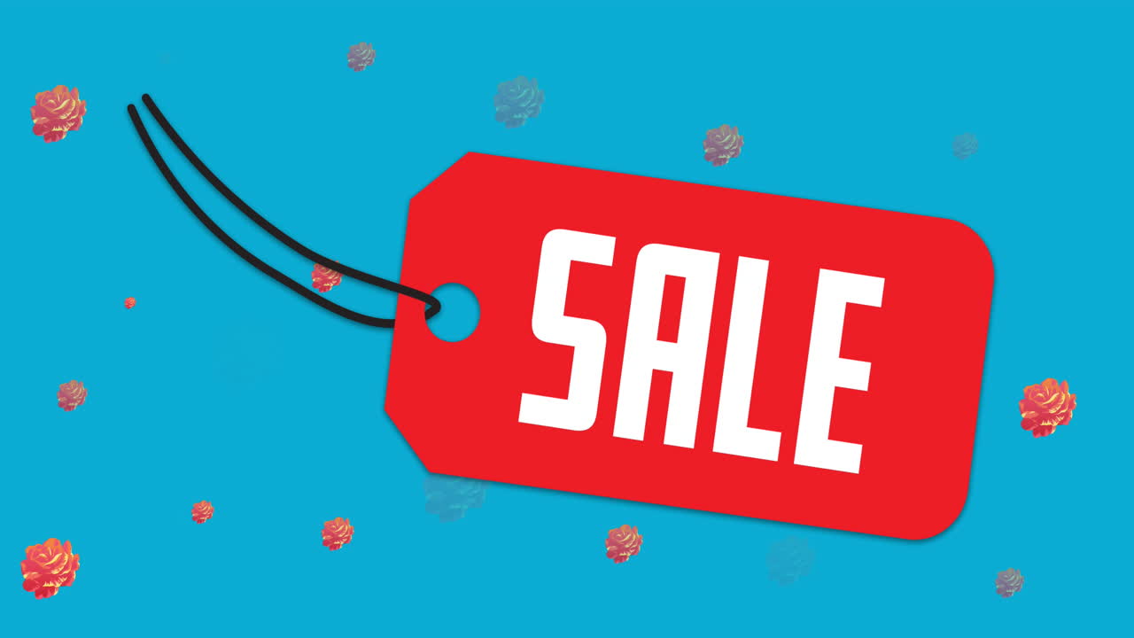 animazione del testo di vendita su etichetta rossa su fiori che si muovono in movimento ipnotico su sfondo blu