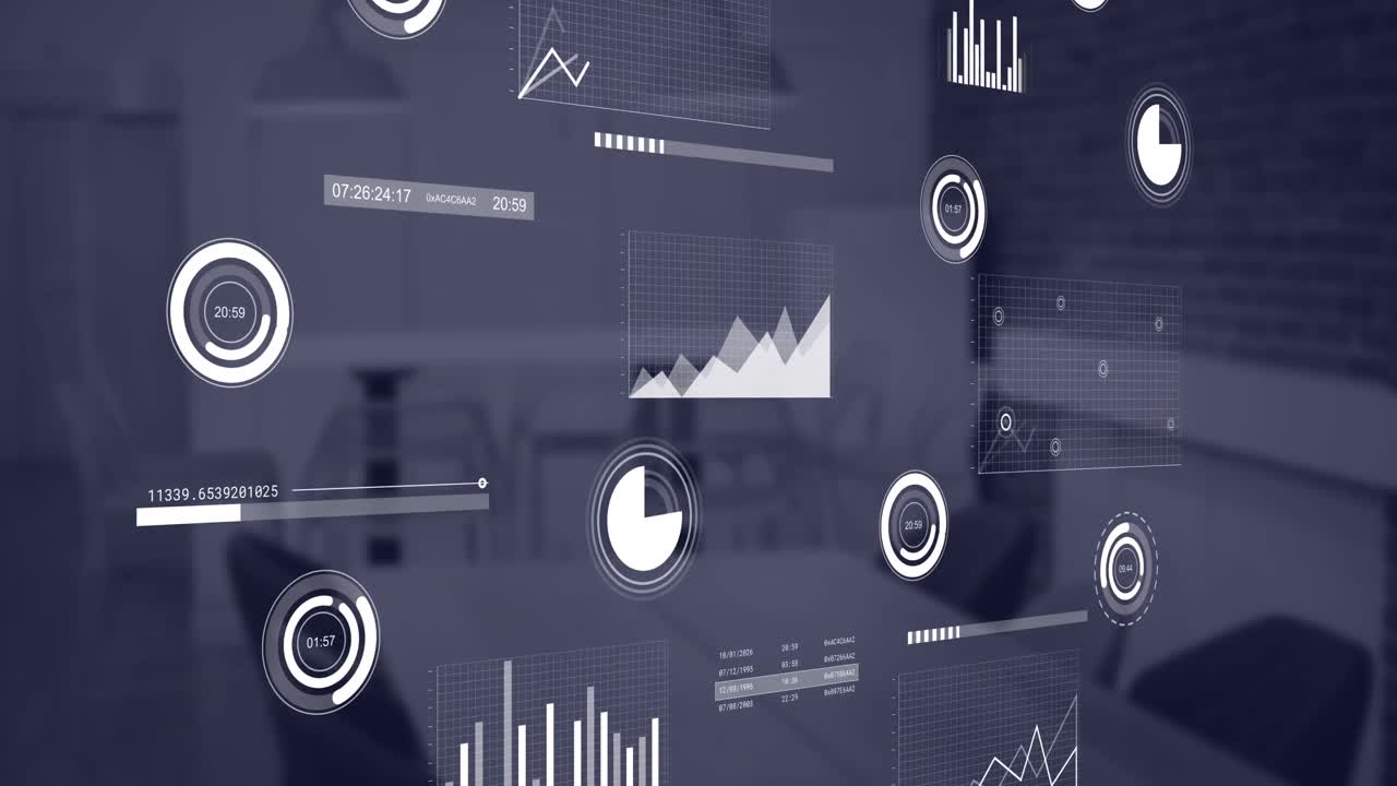 Animation of multiple graphs moving over empty chairs and table in coffee shop