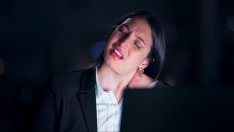 neck pain, night and a business woman