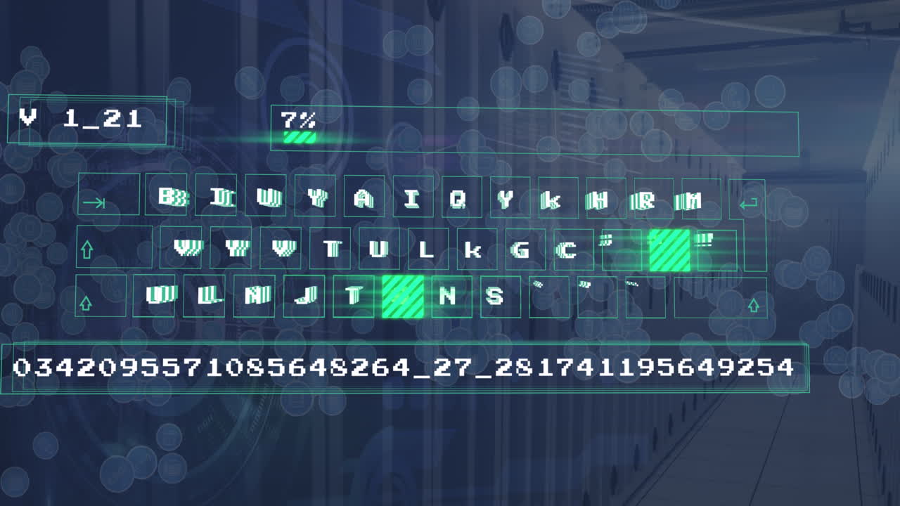 Animation of online technology digital data processing on keyboard over computer servers