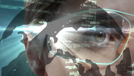 animation of map and data processing over eye of woman in vr glasses using interface