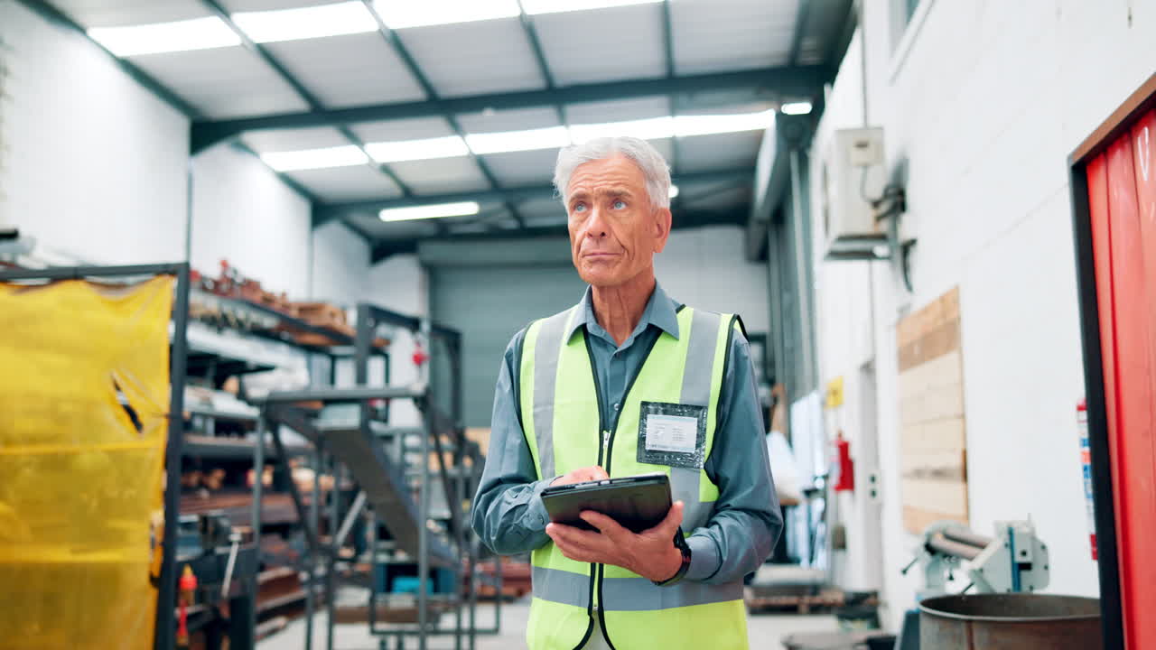 trabajador sénior de la fábrica inspeccionando el inventario con una tableta