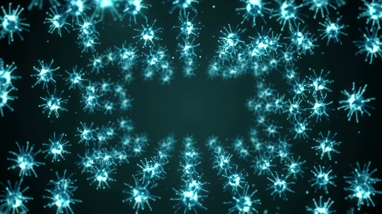 검은 바탕에 많은 바이러스 세포가 날아다니는 의료 개념, 현미경 일러스트레이션, 바이러스 분자의 3d 애니메이션 회전, 루프 애니메이션