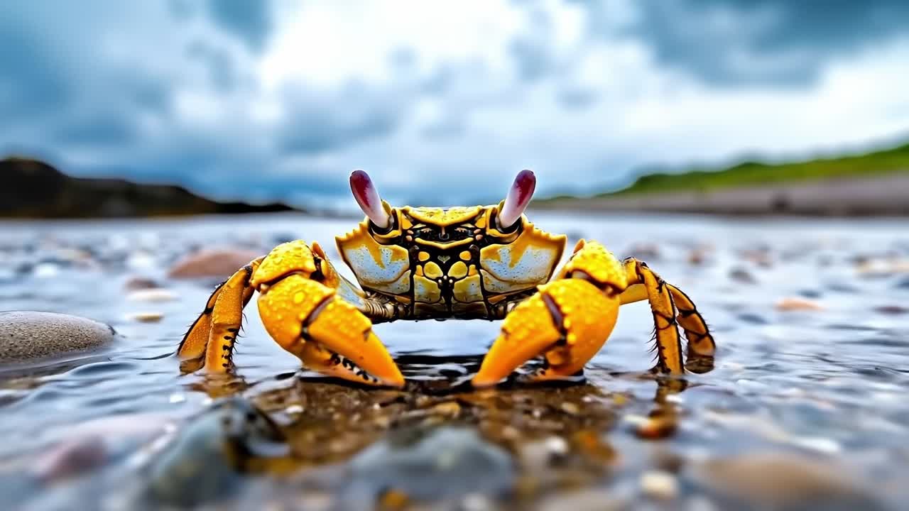A yellow crab on a rocky beach under a cloudy sky