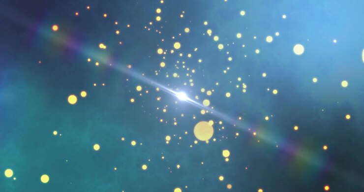 Particelle che convergono, fondendosi in un bagliore stellare che emette un effetto lente, visualizzando energia cosmica.