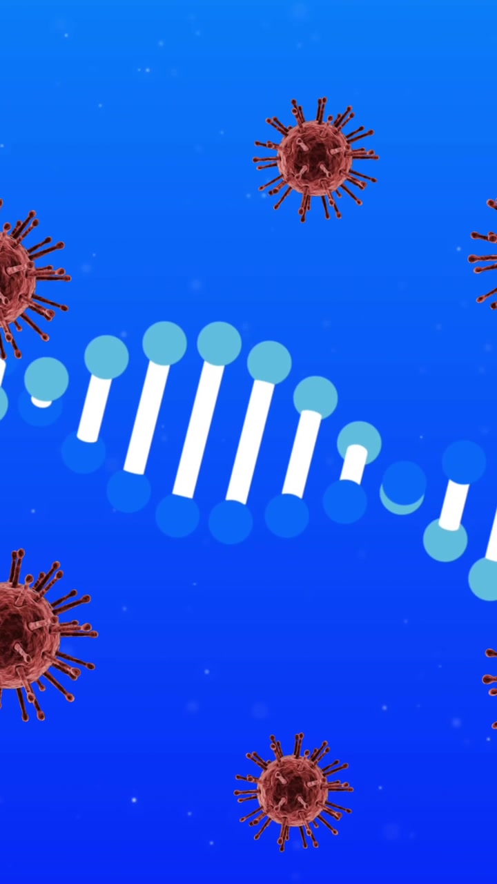 Animation af covid 19-celler der bevæger sig over en DNA-streng der snurrer rundt