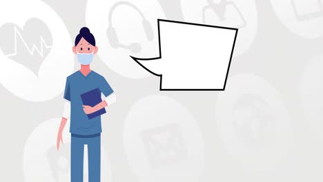 animation of woman with face mask over medical icons