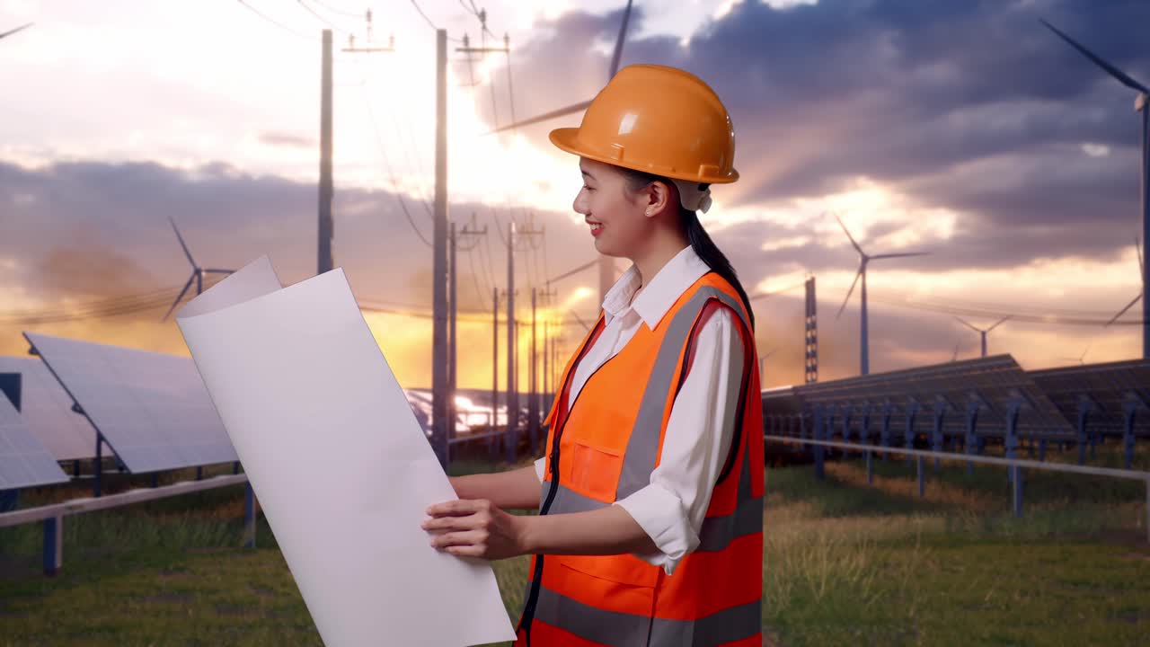 Side View Of Asian Female Engineer With Safety Helmet Looking At Blueprint In Her Hands And Looking Around With Solar Panel and Wind Turbines