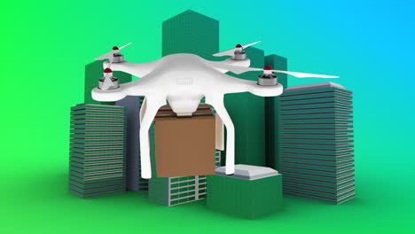 Animation of drone carrying cardboard box with cityscape in background
