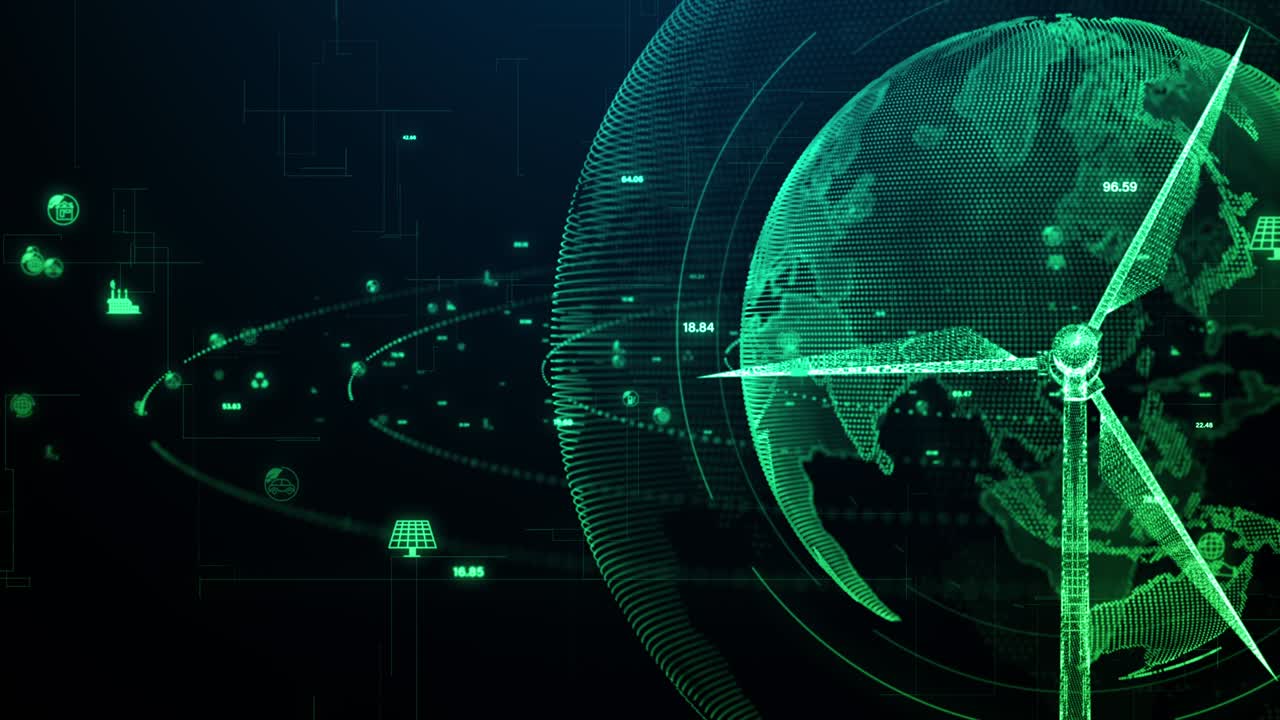 Hologram wind turbine green energy concept, Renewable energy production for green ecological world, Wind farm technology abstract background.