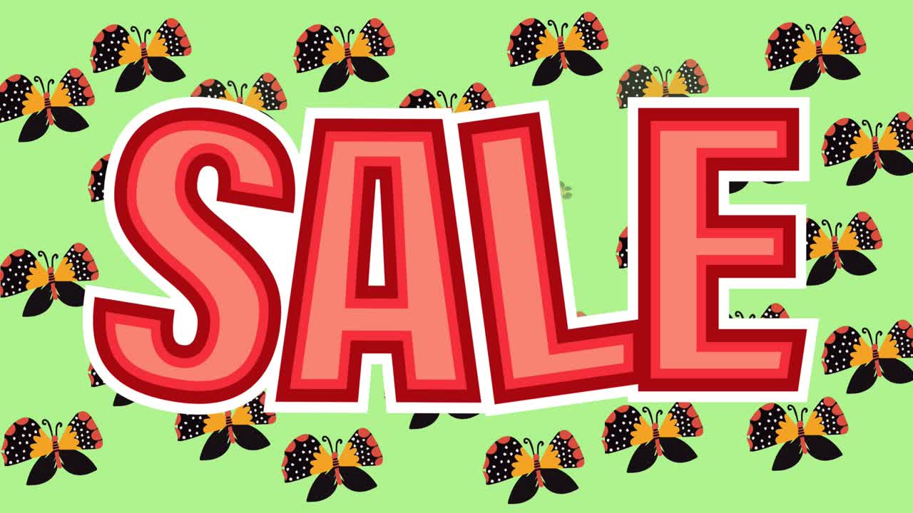 animación de texto de venta sobre mariposas que se mueven en movimiento hipnótico sobre fondo verde