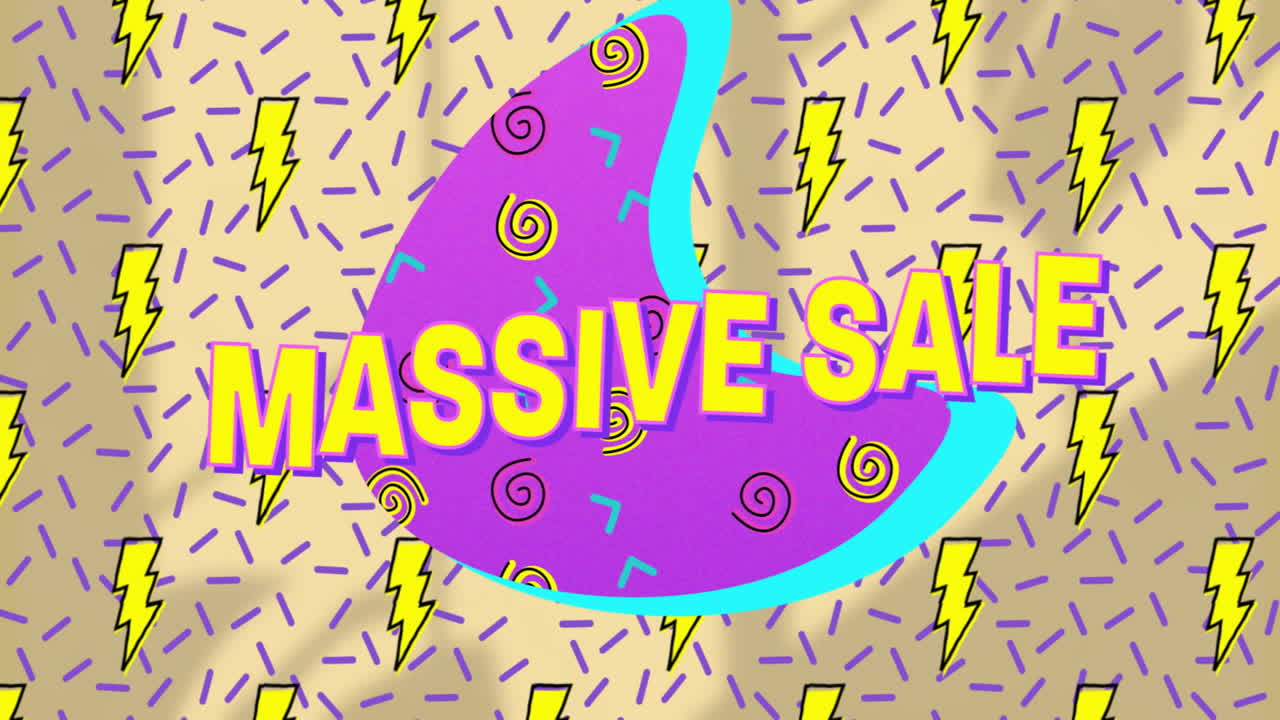 Colorful abstract shapes and lightning bolt patterns in massive sale animation