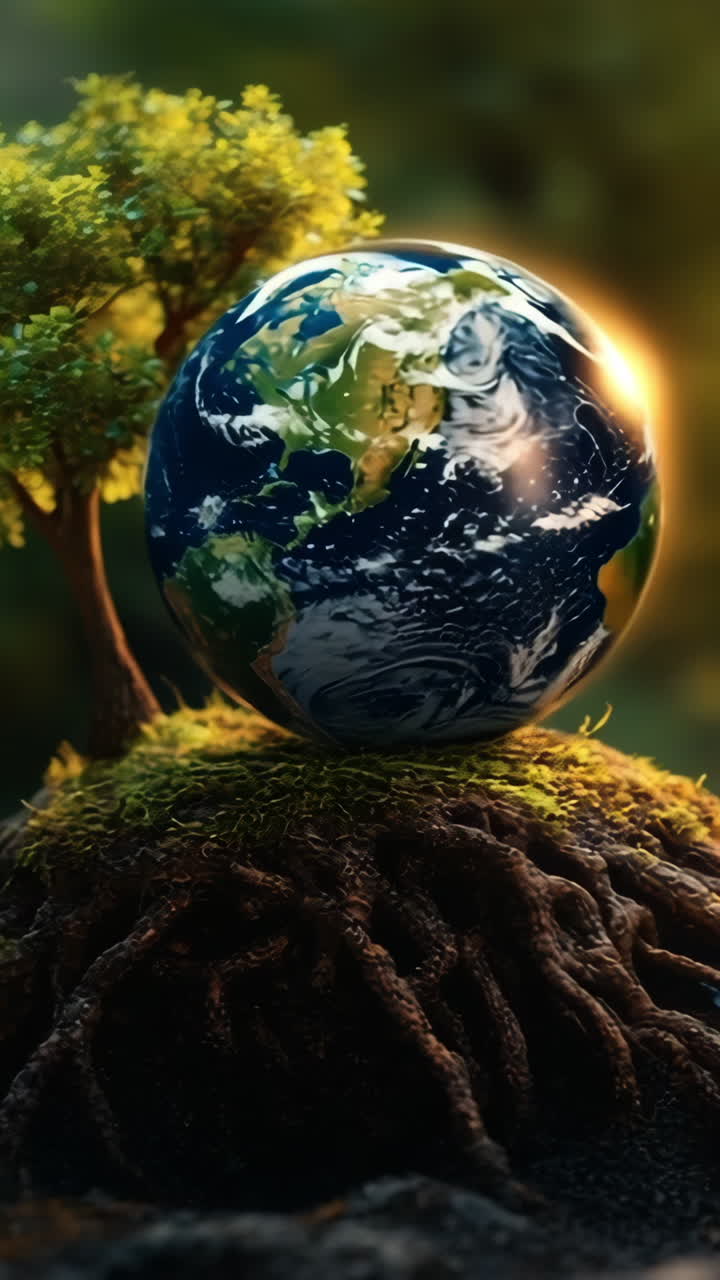 Growing planet with tree on roots. A small tree grows from the earth, supporting a globe, representing nature's harmony and sustainability.