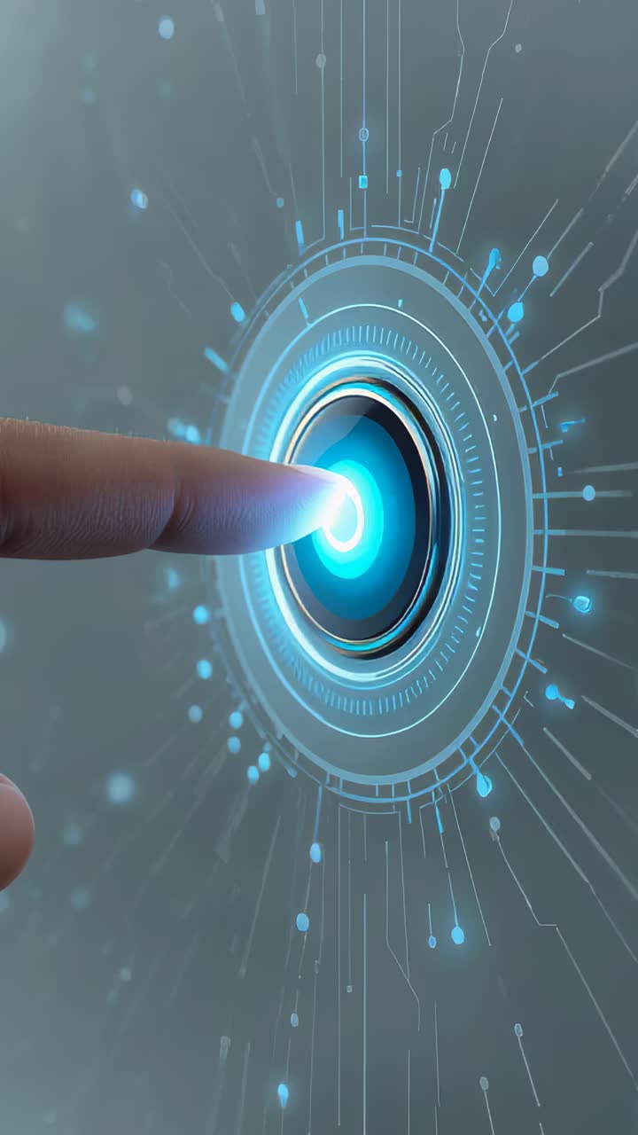 Vertical video: Tapping fingertip on blue circular holographic interface at lab, activating rings