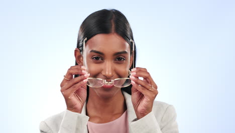 portrait, glasses and indian woman with eye care