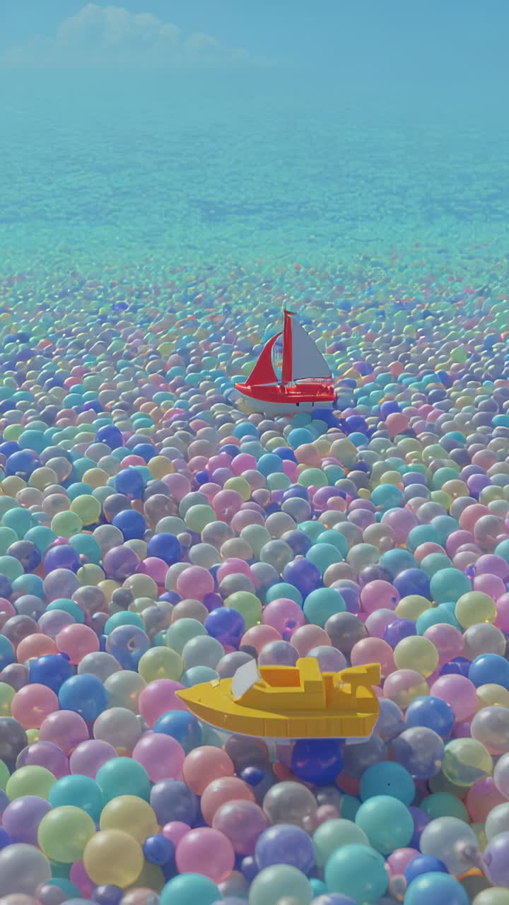 Vertical video: Drifting yellow boat leaving frame, camera centering red sailboat on pastel sea