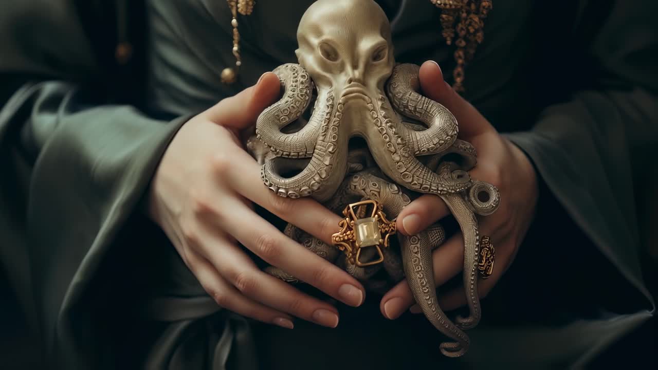 Close up capturing a woman adorned in an elegant dark green dress and gleaming golden jewelry, holding a small kraken statue while displaying intricate golden rings on her fingers