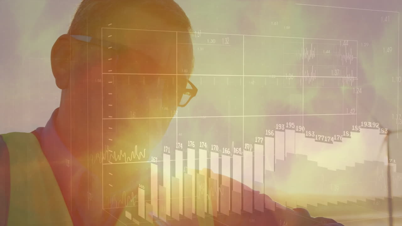 man wearing safety vest reviewing finance data overlay, showing animated bar charts and lens flares