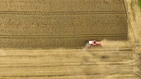 aerial view of a combine harvester working in a vast golden wheat field