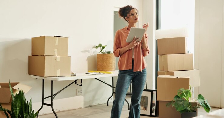 Young Woman Using Tablet in New Home Surrounded by Moving Boxes
