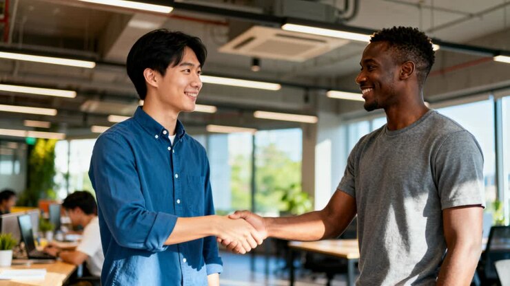 Shaking hands, two male coworkers in blue shirt and grey tee sealing agreement among office desks