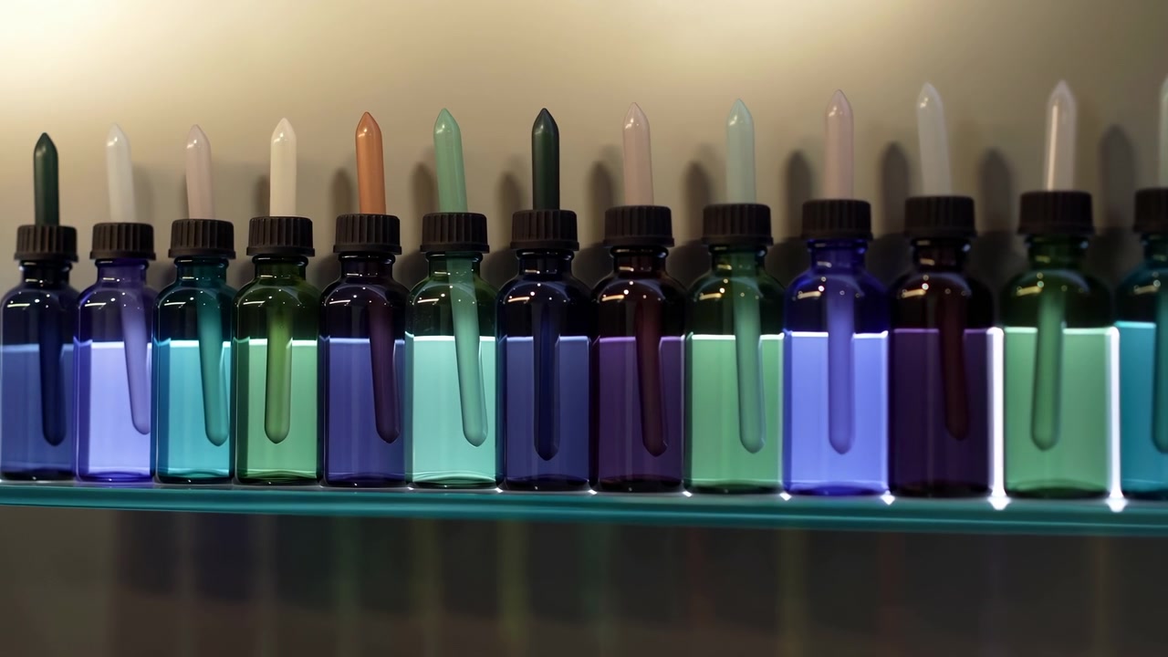 Vista frontal de pequeñas botellas cuentagotas de vidrio espaciadas uniformemente, alineadas en un estante de vidrio iluminado contra una pared neutra cálida, cada botella llena de líquido azul, verde, verde azulado, turquesa, cian o morado.