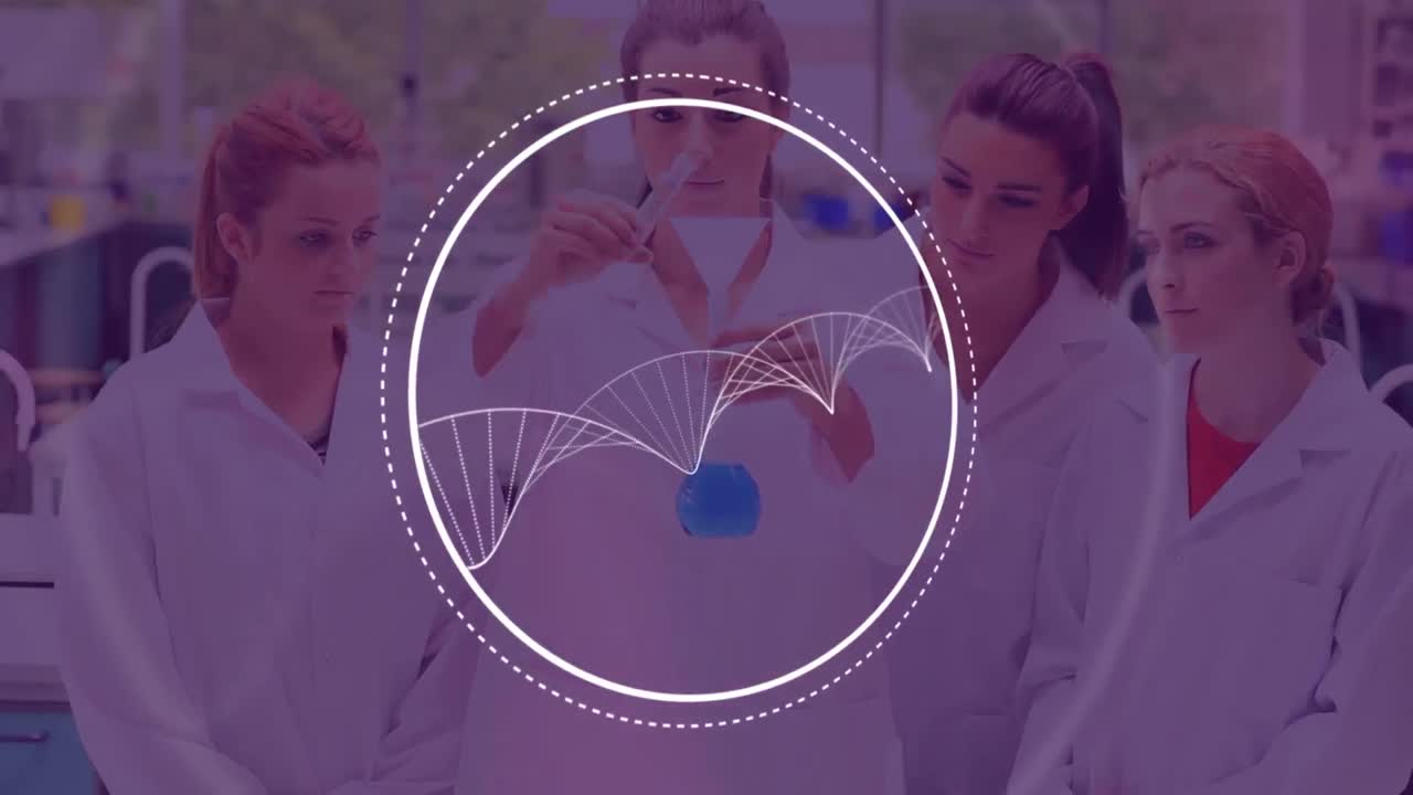 animação de cadeia de dna girando sobre cientistas em laboratório