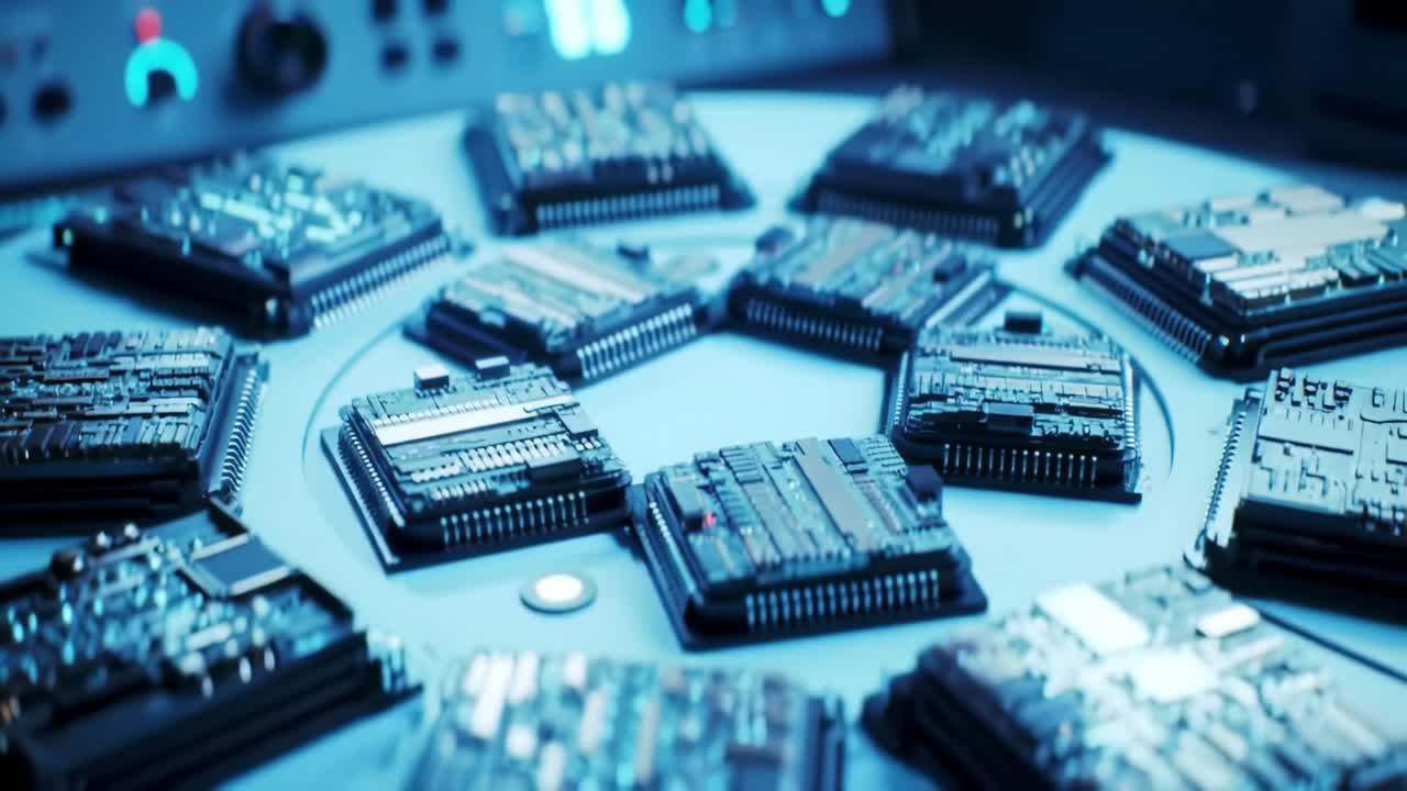 Close-up view of multiple electronic circuits arranged on a sleek surface, showcasing intricate designs and high-tech components. The setting highlights modern technological advancements.