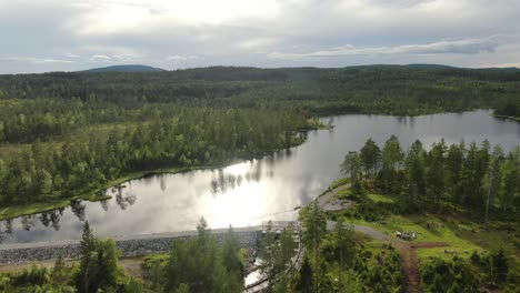 aerial shot of lake buvatnet panning around in norway