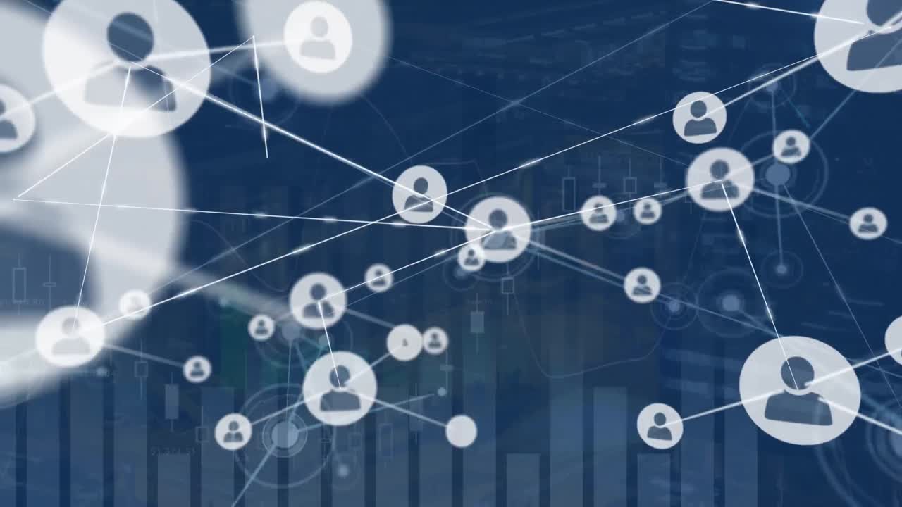 Animation of network of connections with icons and data processing over cityscape
