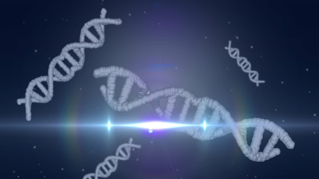 Glowing animation of DNA strands floating in space with light effect