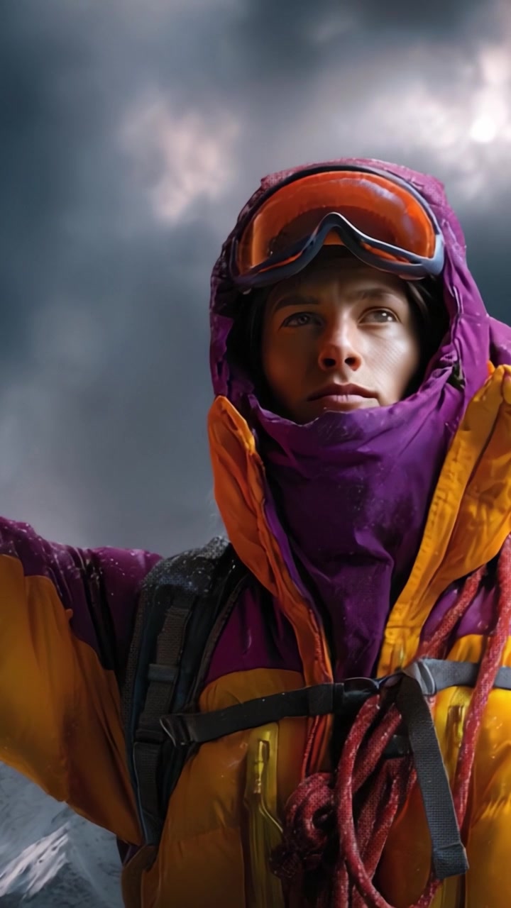 A determined mountaineer stands against a dramatic sky, showcasing the spirit of adventure and resilience in the face of nature's challenges and uncertainties.