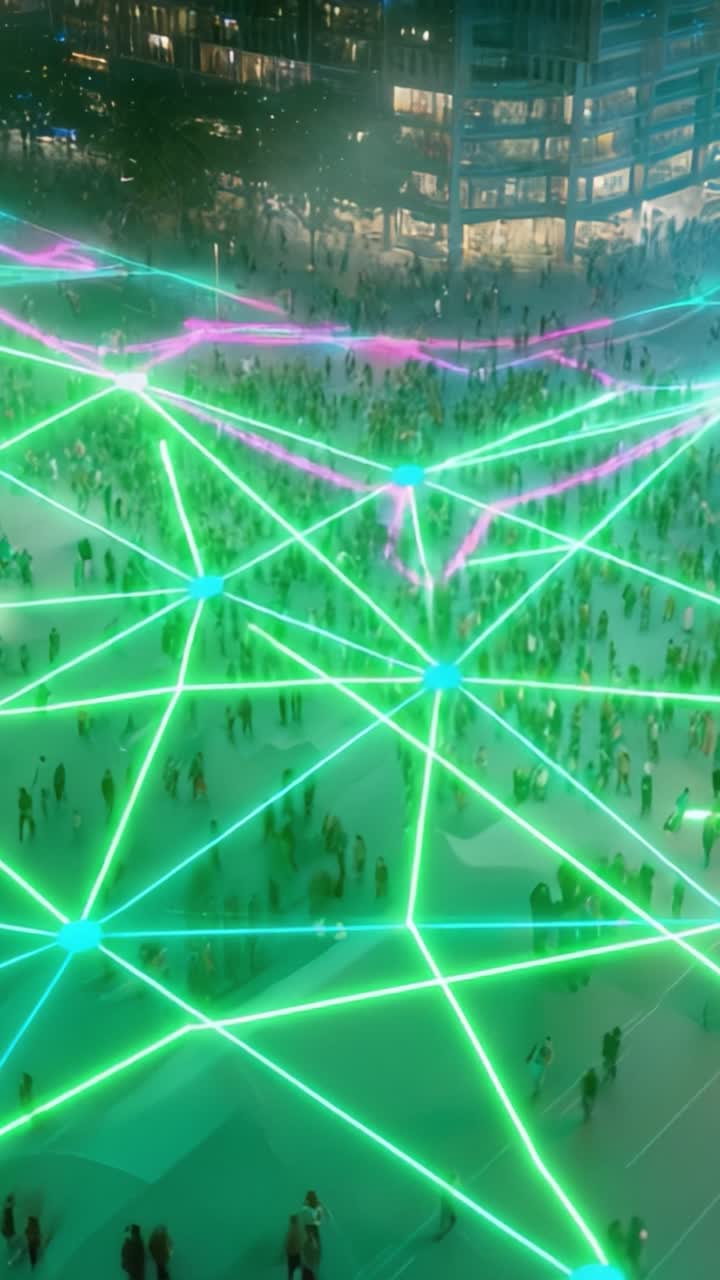 Una vivace scena urbana con una folla densa connessa da luci al neon brillanti in un contesto di città moderna di notte, che mette in mostra innovazione e connettività sociale.