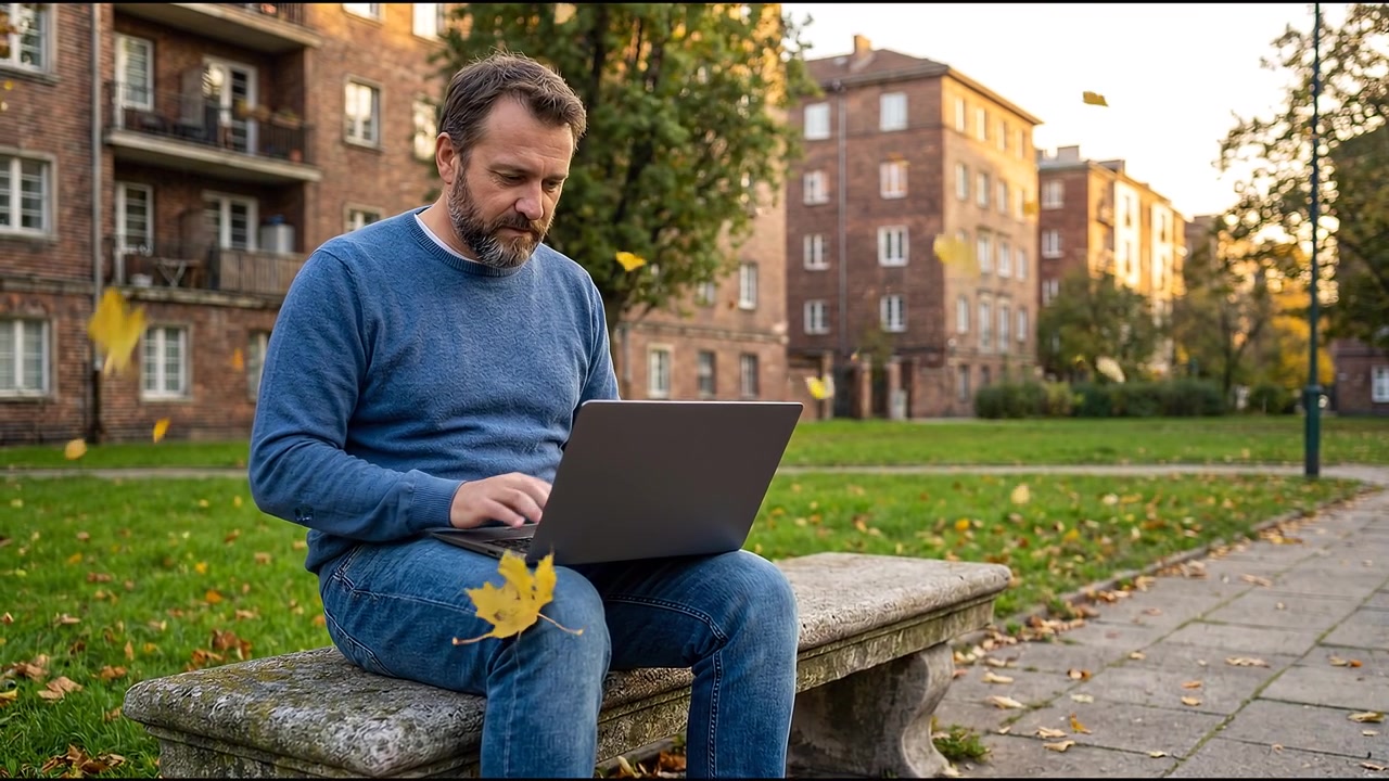 Middelaldrende mann sitter på en steinbenk utendørs og taster på bærbar PC i en urban park med høstblader.