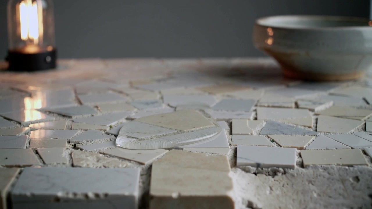 Líquido vertiéndose fuera de pantalla, formando una gota que se derrama hasta el borde de una mesa de mosaico, con una lámpara a la izquierda y un cuenco a la derecha.