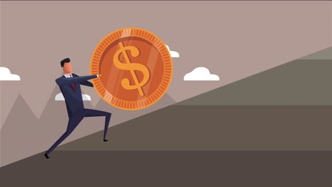 elegant successful businessman pushing coin up hill animation