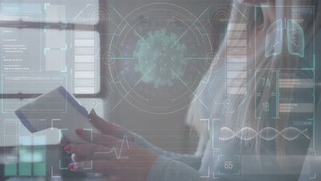 Animation of covid 19 cell over female teacher in face mask holding digital thermometer