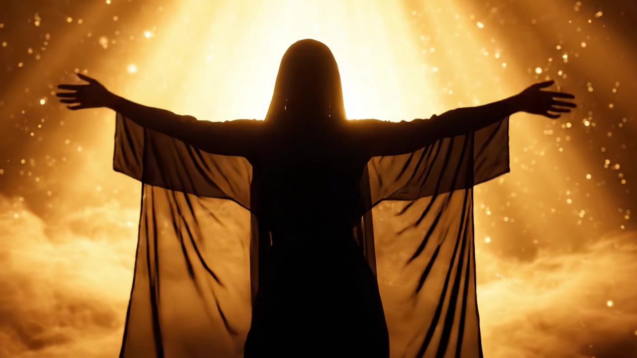Una figura si staglia in silhouette contro uno sfondo dorato radioso, circondata da una luce abbagliante che trafigge nuvole soffici, evocando un senso di trascendenza e spiritualità.